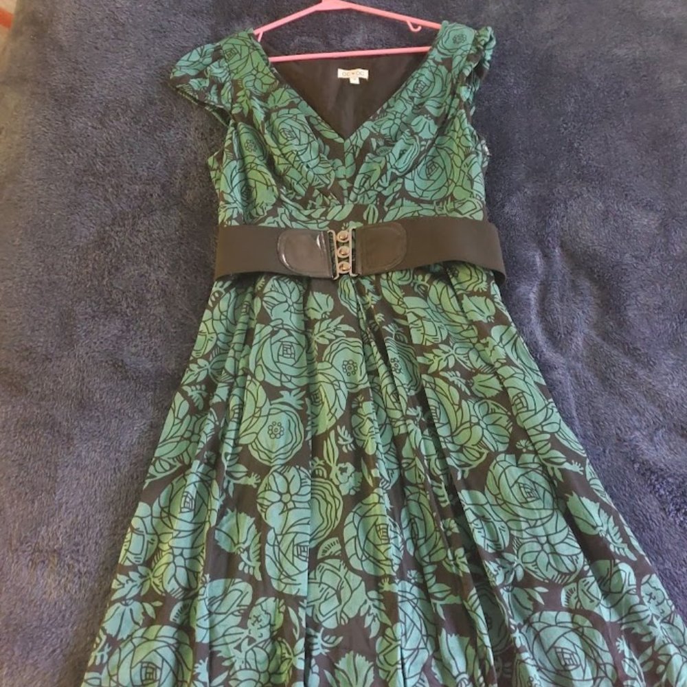 OC by OC Green and Black Floral Print Dress, Size 12
